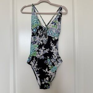 Floral One Piece Swimsuit - Black and Blue